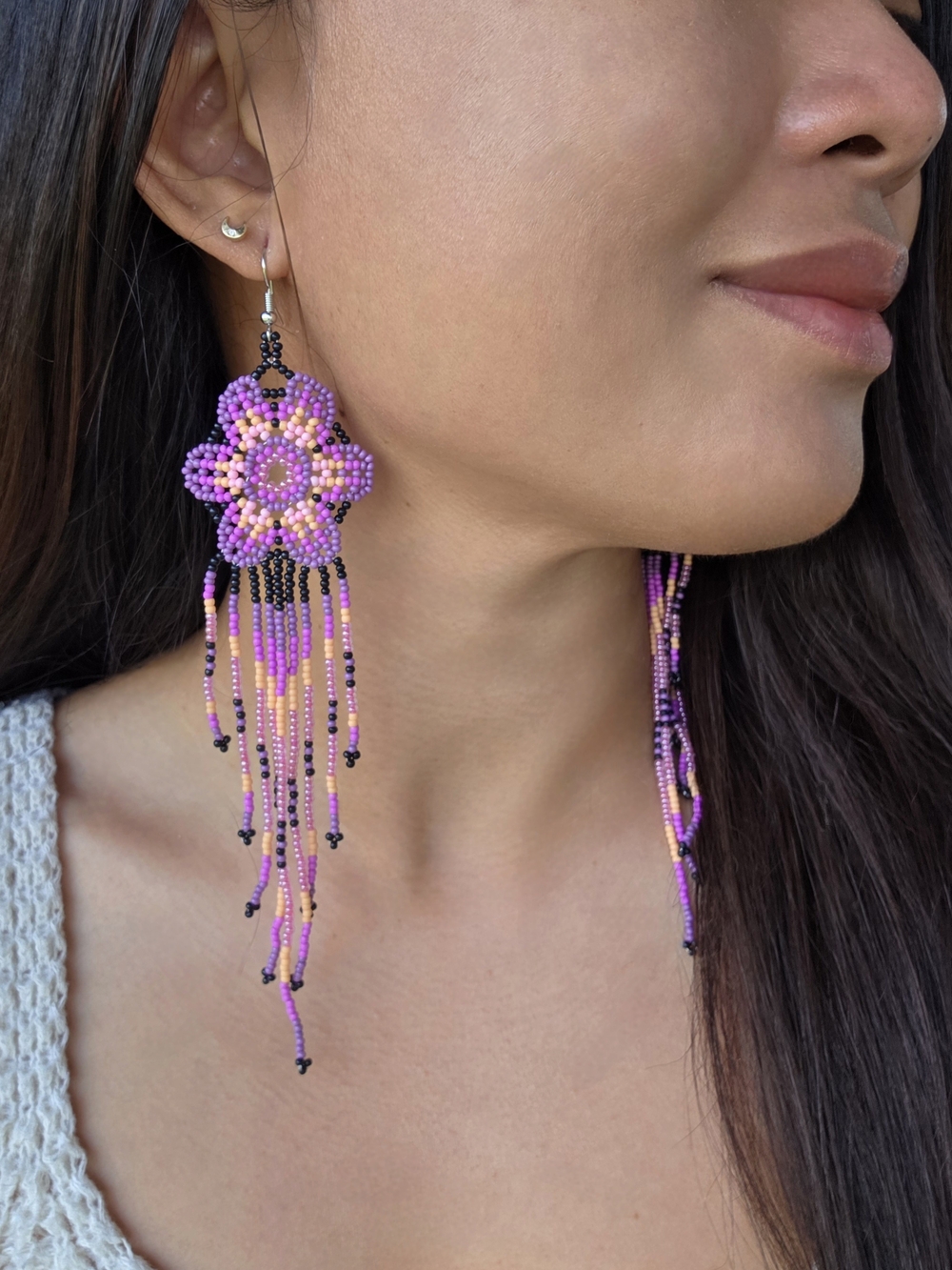 Purple Haze Floral Beaded Earrings Boho Fringe Handmade Statement Jewelry